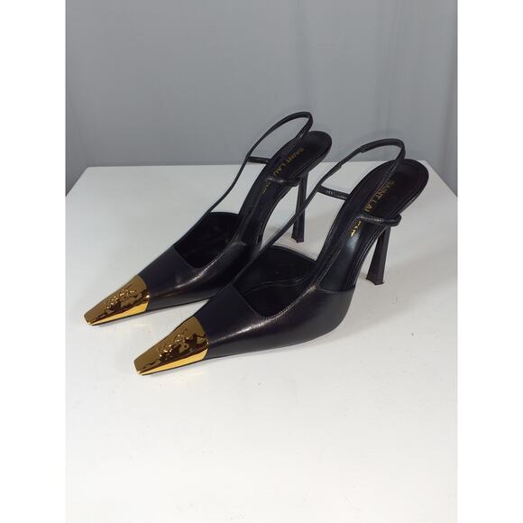 Saint Laurent 'Jeanne' Black Leather Slingback Stiletto Pumps Size 7 - Picture 2 of 6
